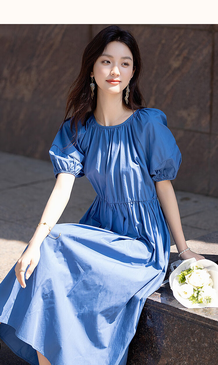 Demana [Klein Blue] Summer French Style Pure Cotton Gathered Loose Waist Puff Sleeve A-line Mid-length Women's Dress 25