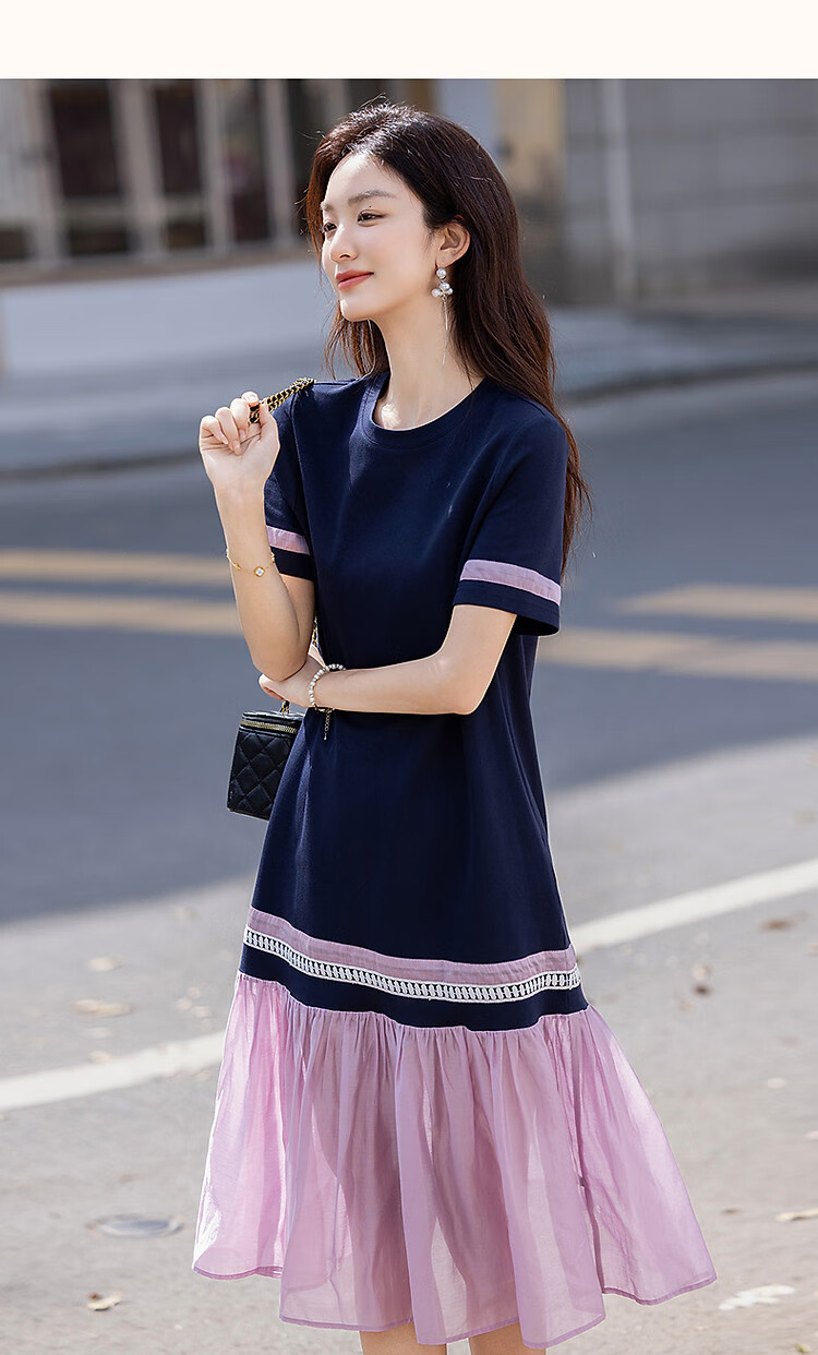 Demana [215G Pique Mesh] Summer Relaxed Fit Commuter Crew Neck Short Sleeve Color-Block Trim Women's Dress 10