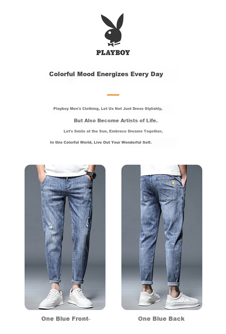 PLAYBOY Men's Jeans, Ripped, Spring And Summer Pants, Straight-Leg Trousers, Casual Slim-Fit Nine-Tenths Men's Pants, Blue, Size 32 2