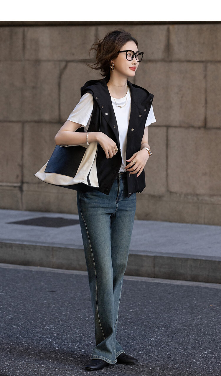 Dme [Minimalist Return] Autumn Simple Style Commuter Hooded Sleeveless Four-Button Casual Jacket Women's Outerwear 10