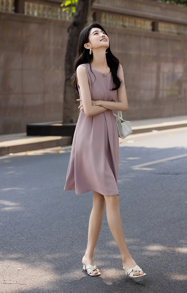 Dme [Urban Design Style] Summer Textured Linen Round Neck Waist-Cinching A-Line Pleated Women's Dress 9
