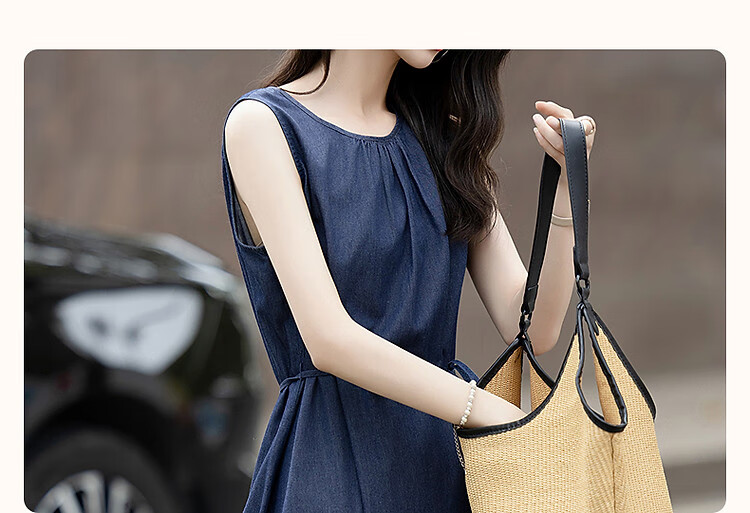 Demana Pure Cotton Private Talk Summer Lightweight Slim Pleated Round Neck Denim Sleeveless Tie Women's Dress 4