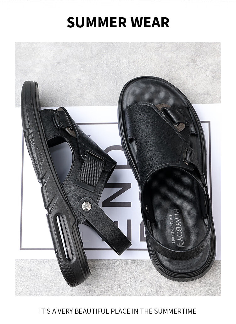 PLAYBOY Men's Lightweight Simple Trendy Comfortable Fashion Air Cushion Sandals Black Size 44 5