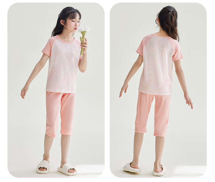 Hodohome Children's Pajamas, Girls' Pure Cotton 7A Antibacterial Short-Sleeve Capri Pants, Home Wear, Cartoon Air Conditioning Suit for Girls, 306, Size 120 16