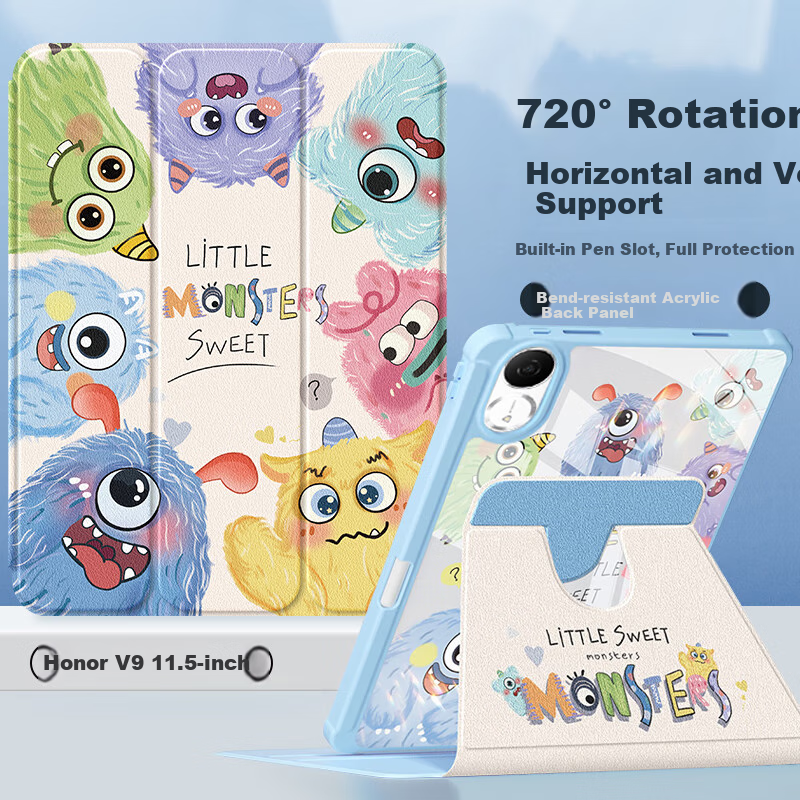Asiwa Compatible with Honor Tablet V9/GT Case, Universal for 2025 Model 11.5-Inch Tablet with Pen Slot, 360-Degree Rotating, Horizontal And Vertical Support, Cartoon Painting Design, Shockproof, Anti-Bending, Tri-Fold Versio