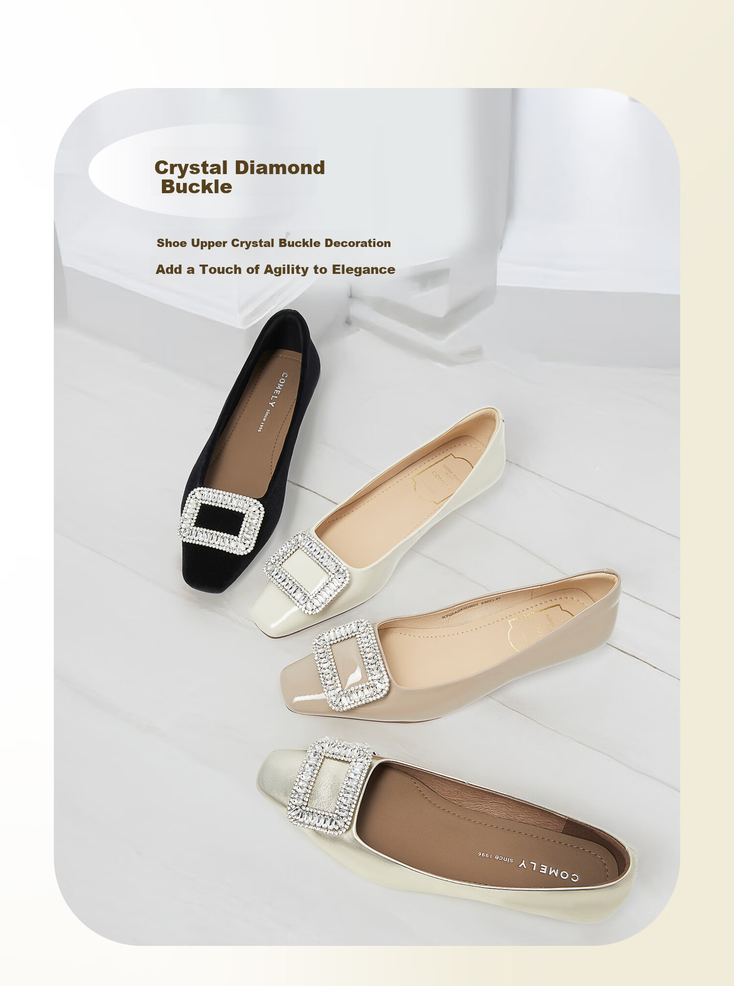 COMELY Rhinestone Square Buckle Women's Flats, Spring New Style Genuine Leather Low-Heel French Gold Flat Shoes, Light Gold, Size 34 9