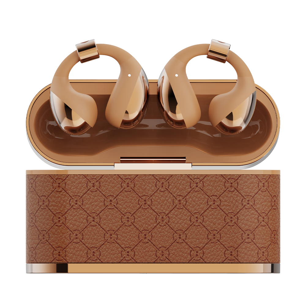 BUTTONS CLIP Bluetooth Headphones with Ear Clips, Open-Air AI Bone Conduction Wireless Sports Ear Hooks, Call Noise Reduction Microphone, Golden Brown Color, Gift for Men And Wome