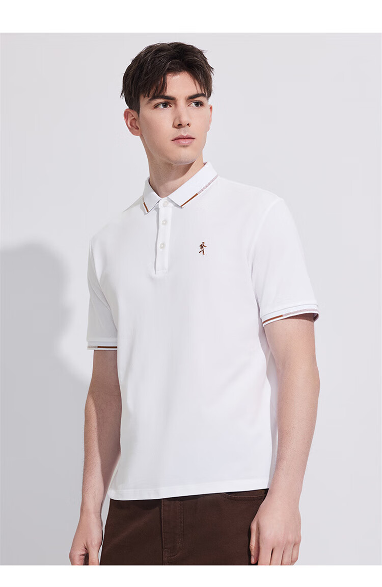 DANCING WOLVES [100% Pure Cotton] Commuter Collar Contrast Color Men's Short-Sleeve Polo Shirt, 803 White, Size 175 6