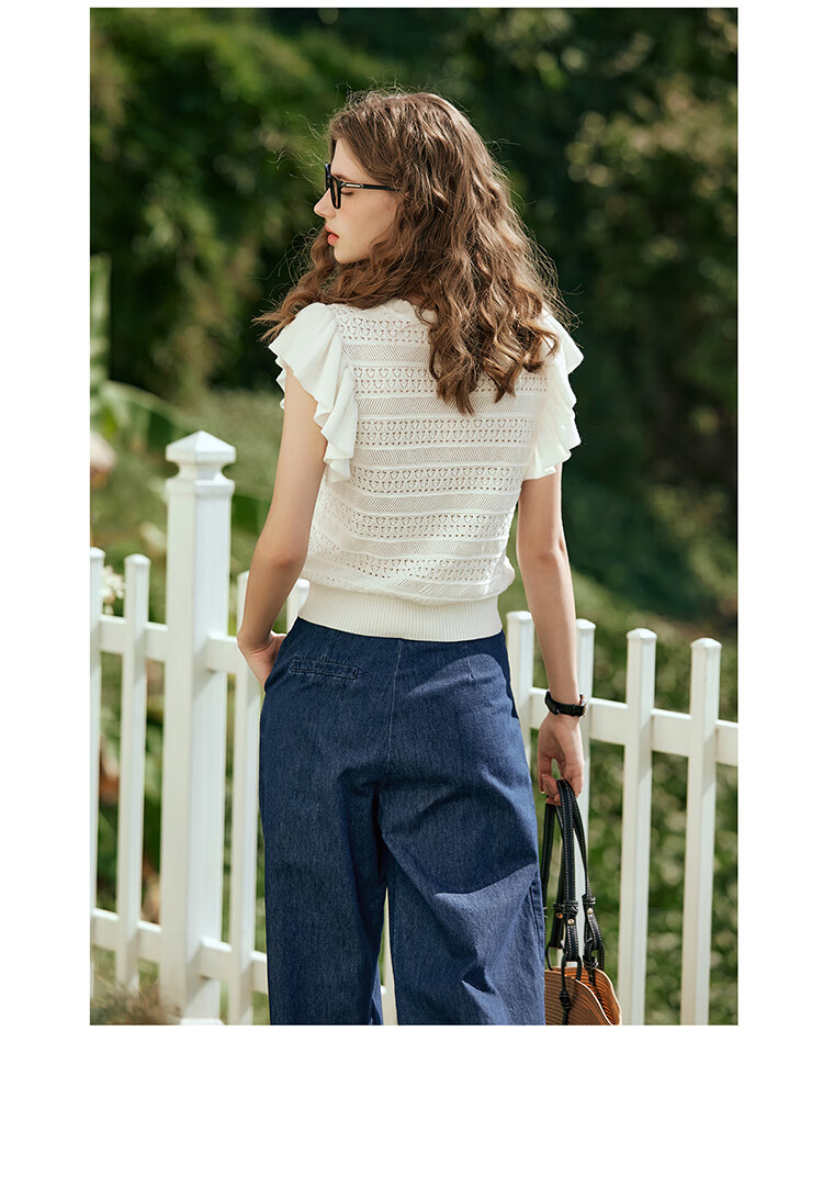 Olrain French Hollow Knitwear Women's Summer Loose Ruffle Sleeve Top Apricot White L 20