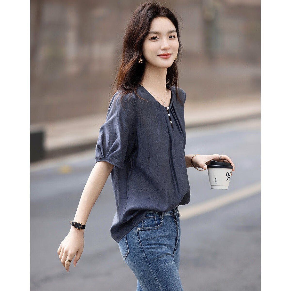 Dme [Selected Lyocell] Summer Pearl Decorated Round Neck Drip Button Shirt, Flowing Short-Sleeve Blouse, Women's Top