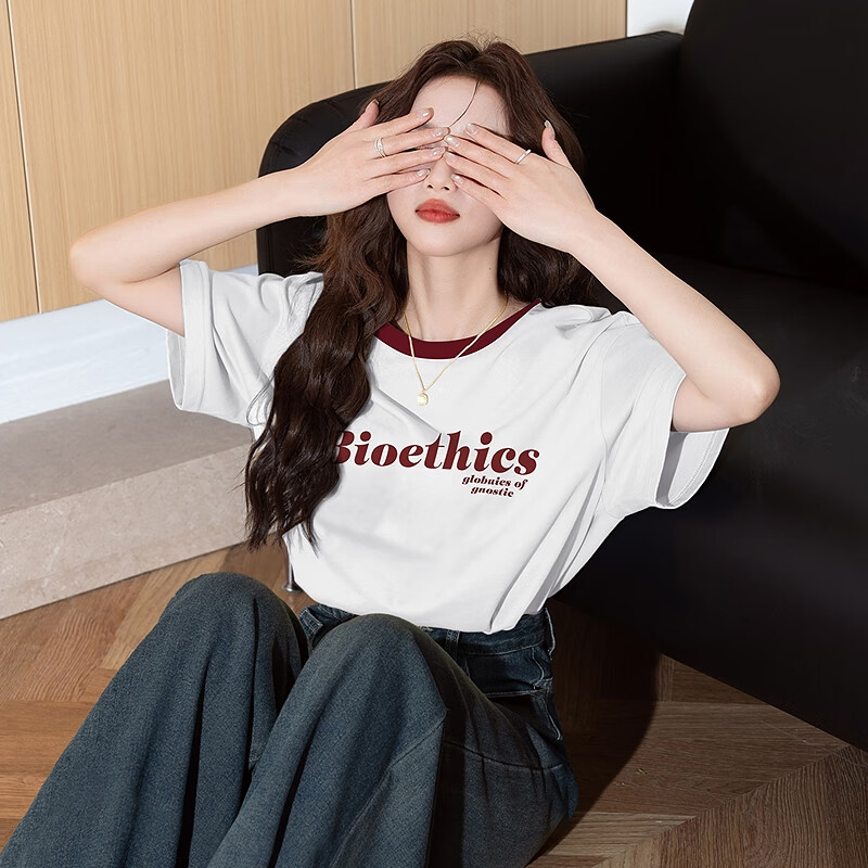 TonLion 2025 Summer Women's Front Chest Pattern Printed Short-Sleeve T-Shirt, Off-White, S