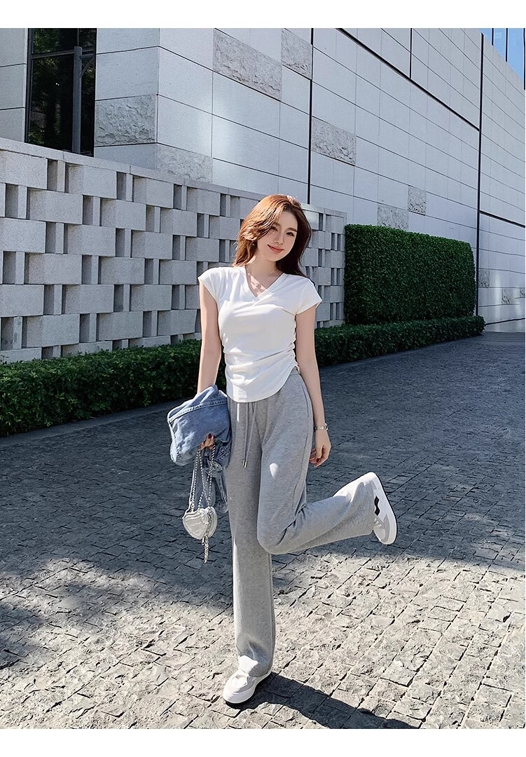 Woodpecker Women's V-Neck Short Sleeve T-Shirt 2025 New Spring Summer Slim Fit Waist Drawstring Casual Niche Top Black S 12