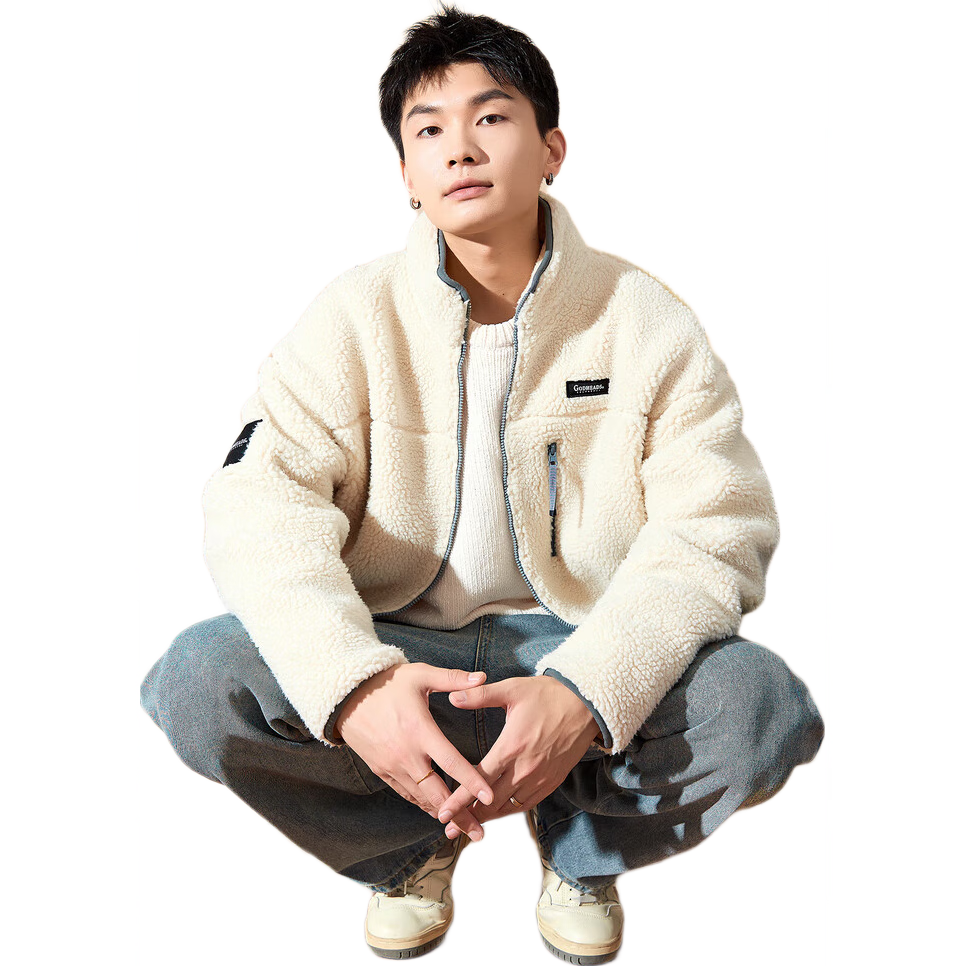 TonLion 2024 Men's Stand Collar Casual Faux Lamb Wool Fleece Thick Jacket Ivory L