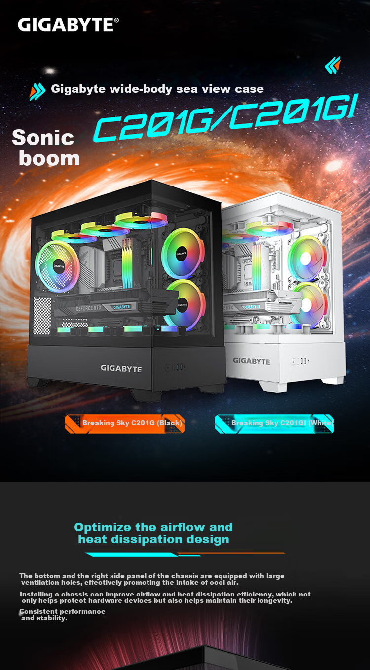 GIGABYTE Pukong C201G Panoramic Top And Bottom Compartment Case, Black Tempered Glass Side Panel, Compatible with Top And Side 360/240 Water Cooling Radiator, Quick-Release Dust Filter, Black M-ATX 1