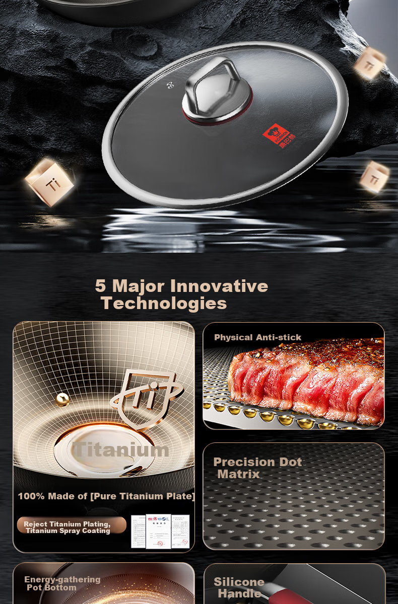 KBH Wok, Non-Coated Titanium Non-Stick Pan for Home Use, Low Smoke Flat Bottom Frying Pan, Compatible with Induction Cooker And Open Flame 2
