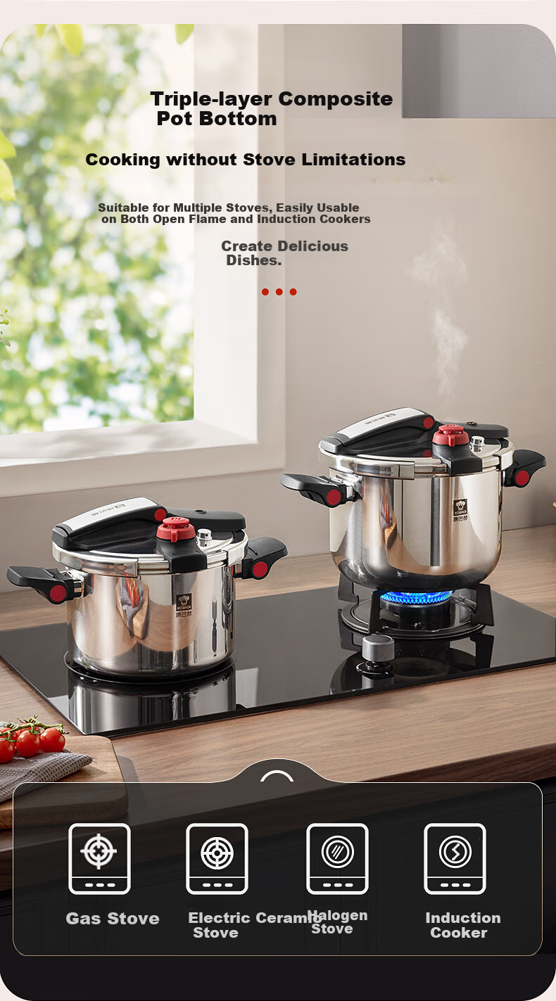 KBH Explosion-Proof Pressure Cooker, 304 Stainless Steel, Thickened, Safe for Home Use, Compatible with Gas And Induction Stoves, 22cm, 5.5L 8