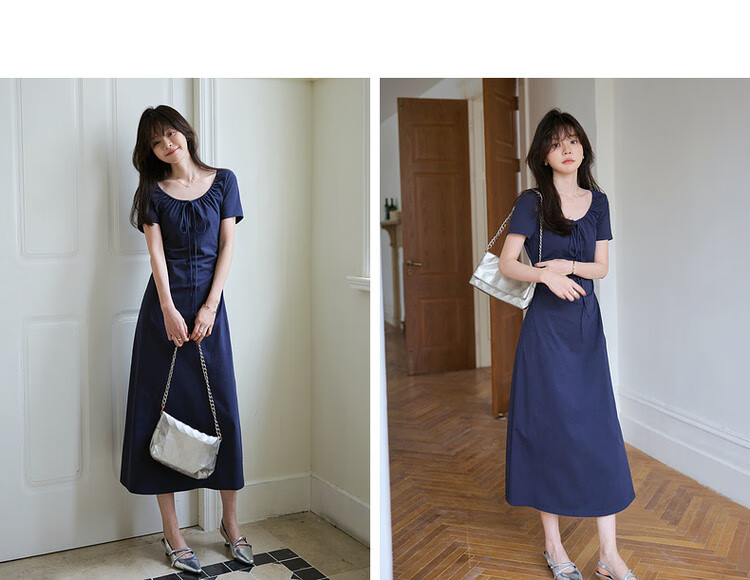 Dme [American College Style] Summer Simple Large U-Neck Tie Elastic Cotton Spandex Short-Sleeve A-Line Mid-Length Women's Dress 3