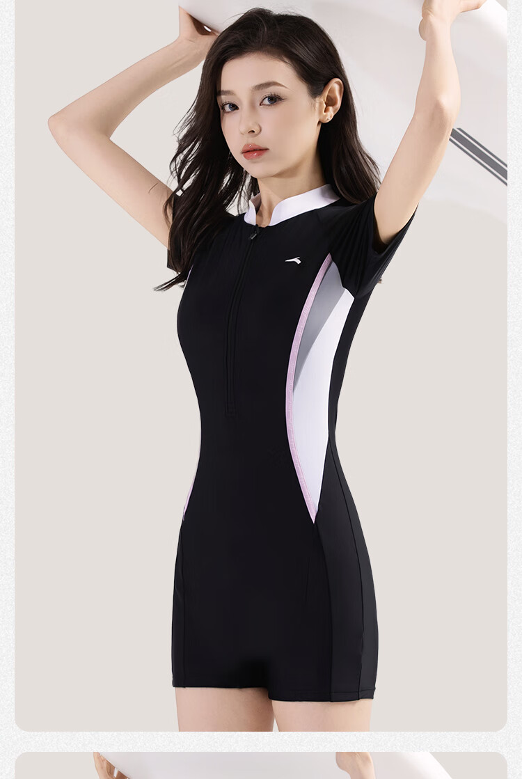 Anta Women's New Short Sleeve One-Piece Swimsuit Slim Fit Conservative Professional Racing Swimwear Purple Gray M 16