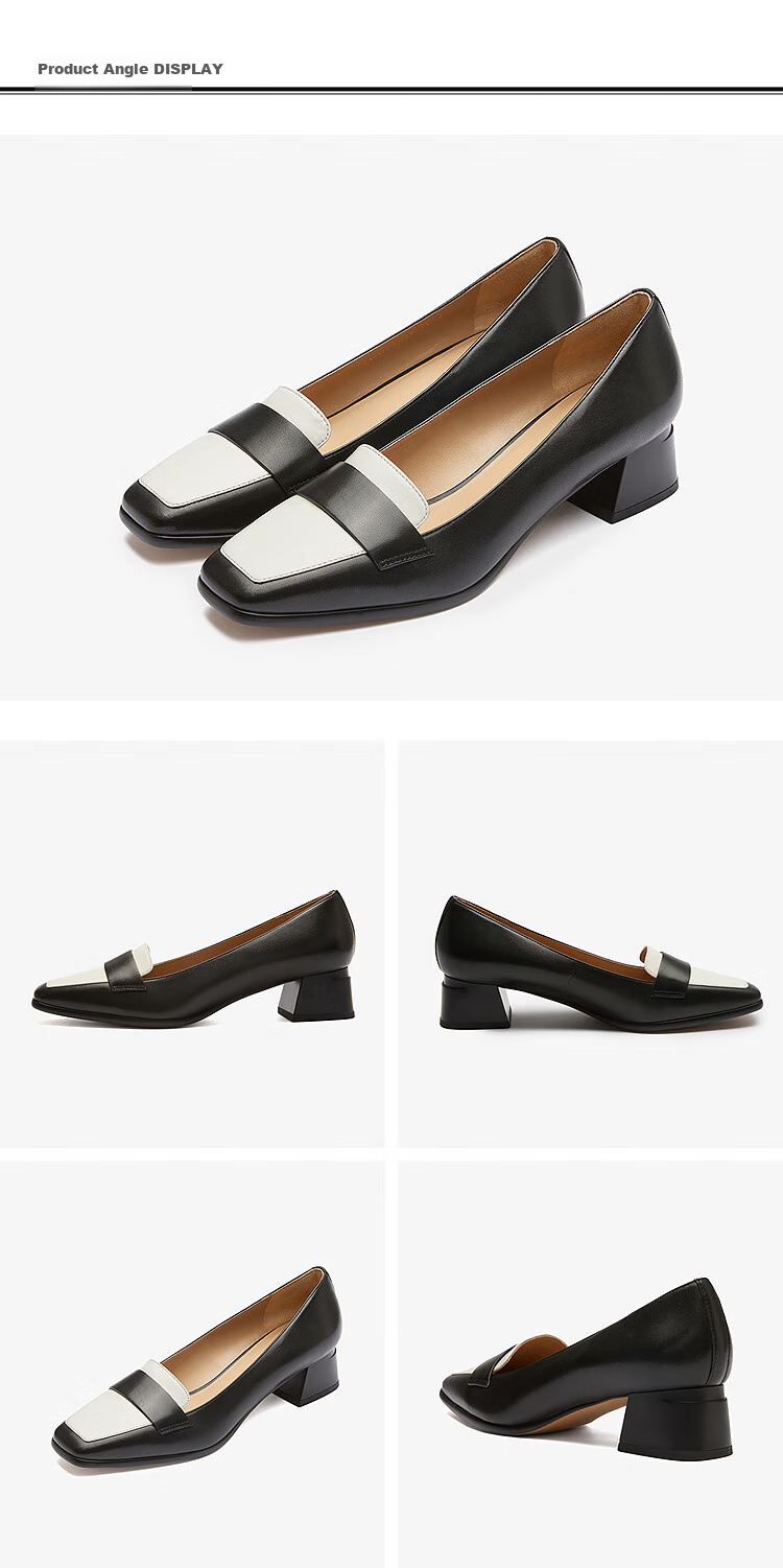 Le Saunda Simple British-Style Patchwork Square-Toe Mid-Heel Commuter Flats Women's Shoes 6T46324, Black/white, BKK, Size 39 9