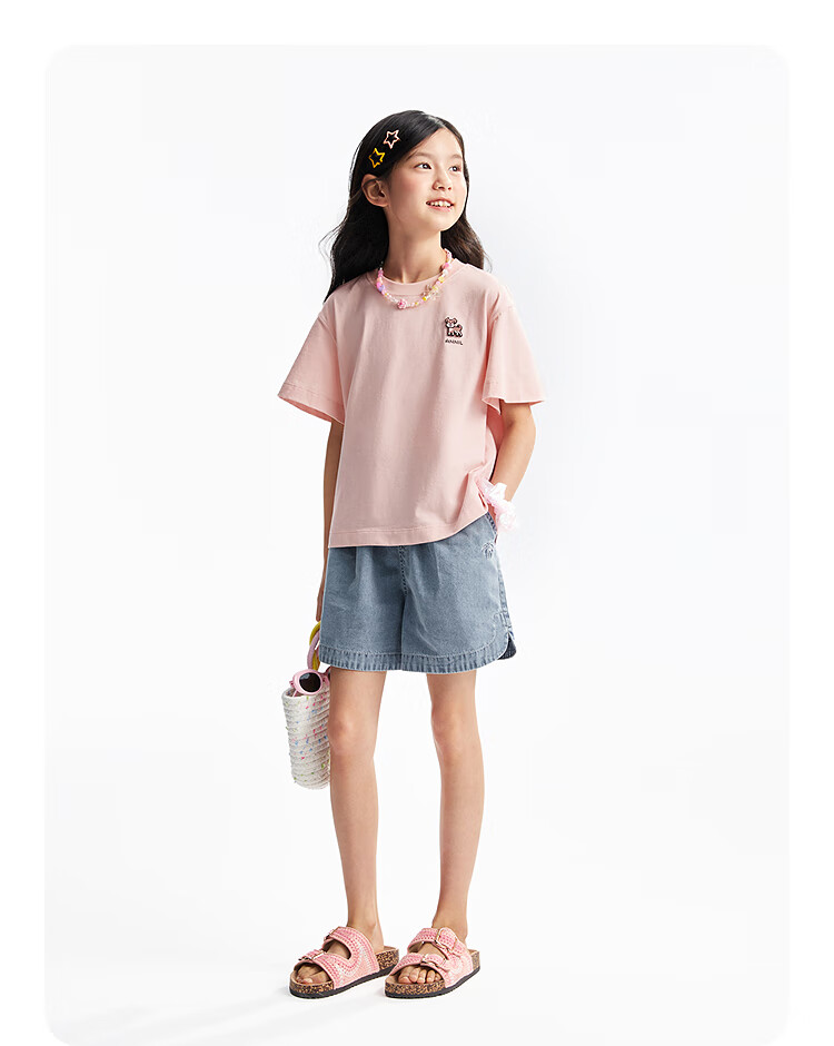 Annil Girls' Round Neck Short-Sleeve T-Shirt, 2025 Summer New Style, Pure Cotton, Casual, Moisture-Wicking, Breathable, Loose-Fitting, Fashionable 9