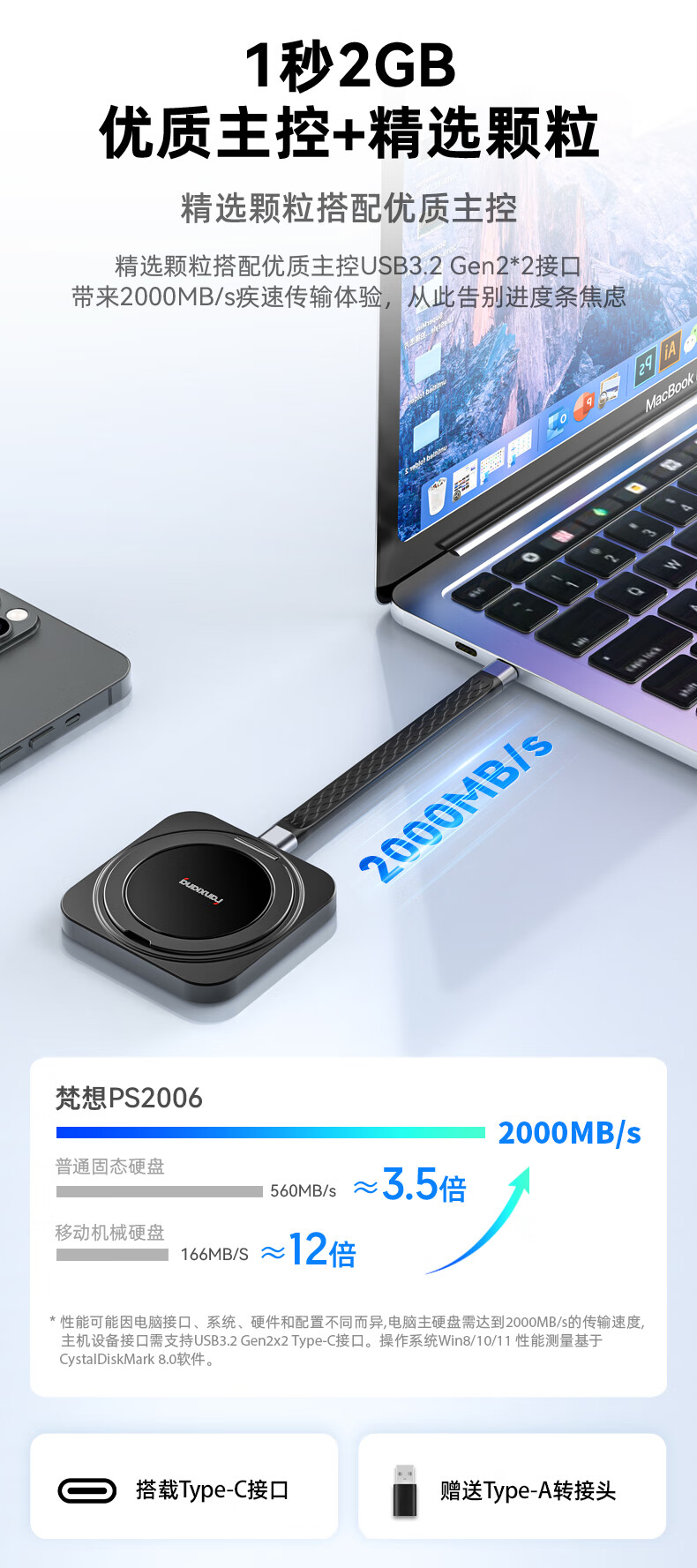FANXIANG 1TB Magnetic Suction Portable Solid State Drive (PSSD), Direct Phone Connection, with Stand, USB3.2 High-Speed Reading 2000MB/S, Portable External Hard Drive PS2006 4