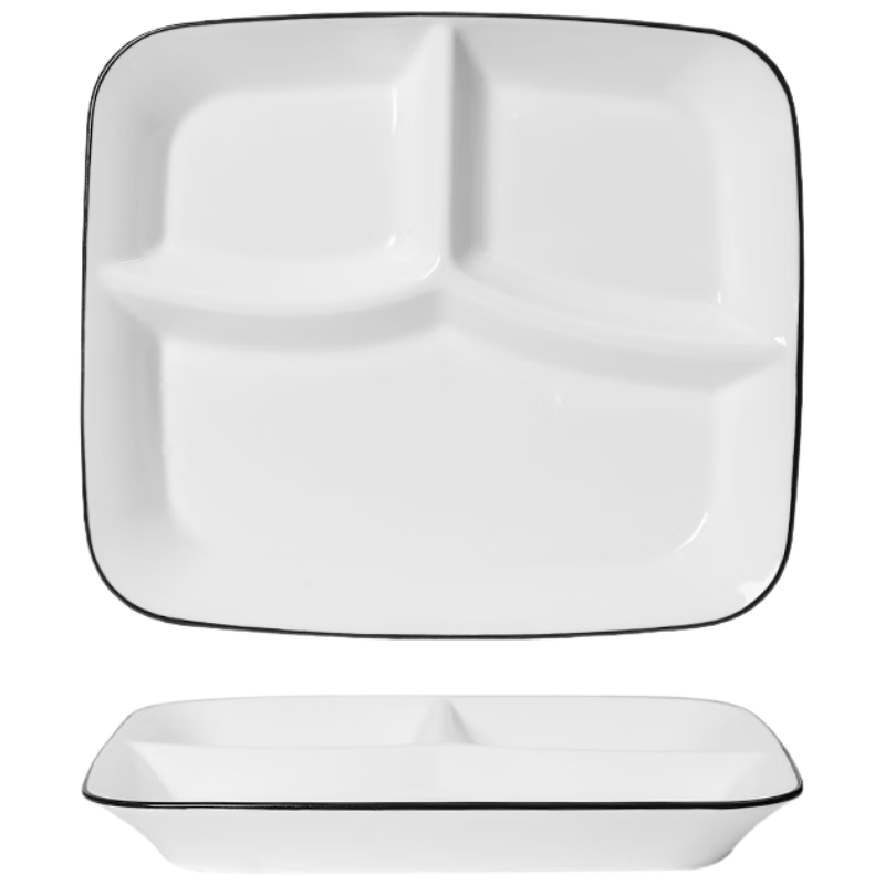 Baijie Ceramic Weighted Divided Plate 211, Home Use Compartmented Plate, Student Breakfast Tray, Dumpling Plate, Fruit Plate, Three Compartments, 10 Inches