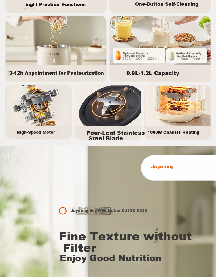 Joyoung Home 1.2L Soy Milk Maker with Timer, Blender-Free, Fully Automatic, Mini, Low-Noise, Fast-Pulp Maker for Fruits And Vegetables, Rice Paste Machine DJ12X-D355 2