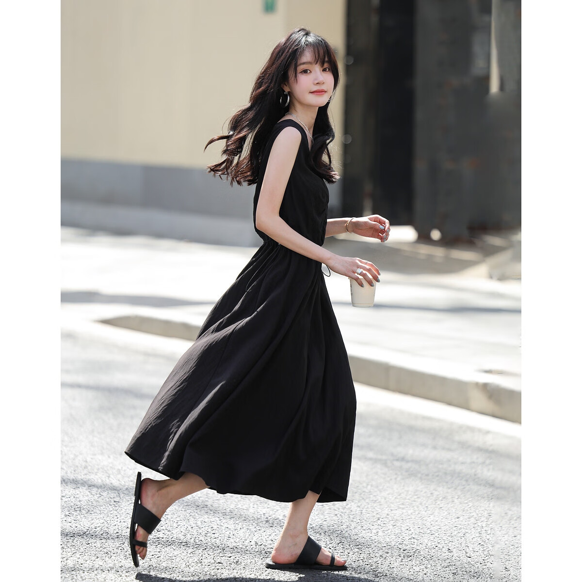 Mt [Muse Style] Summer Elegant V-Neck Tie-Waist Sleeveless Little Black Dress, Adjustable Waist Long Dress for Wome