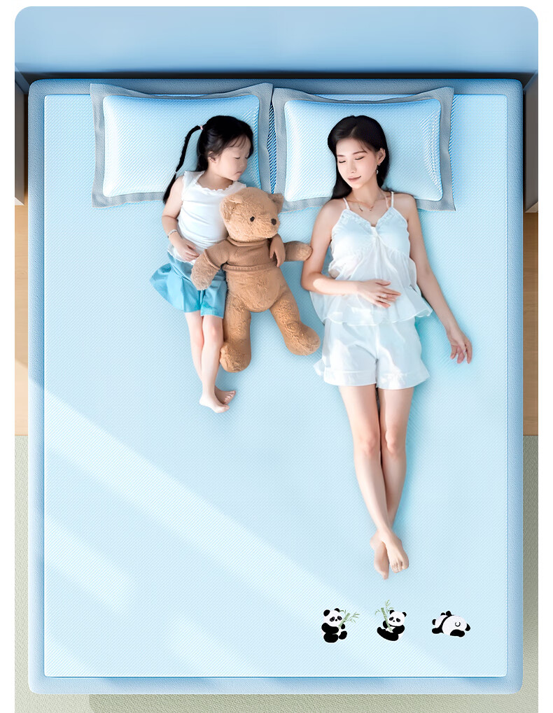 YUZHAOLIN Class A 600D Ice Silk Cooling Mat, Double-Sized Three-Piece Set, Blue Panda Pattern, 150*200cm, Antibacterial And Foldable 13
