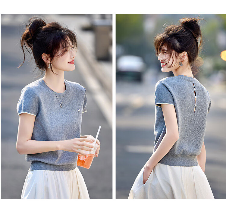 Shangjing Women's Short Sleeve Knit Top Summer New Slim Fit Simple Short T-Shirt for Petite Women 9