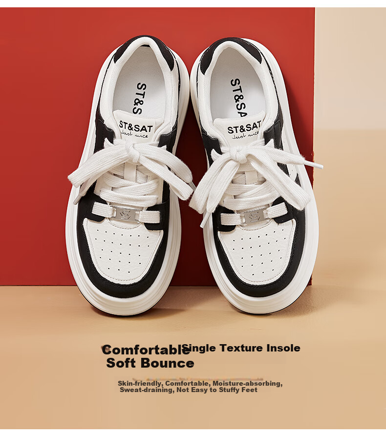 St&Sat Women's Thick-Soled Sneakers, 2025 Spring New Style Versatile Color-Block Casual Shoes SSD1112C55, Black, Size 37 4