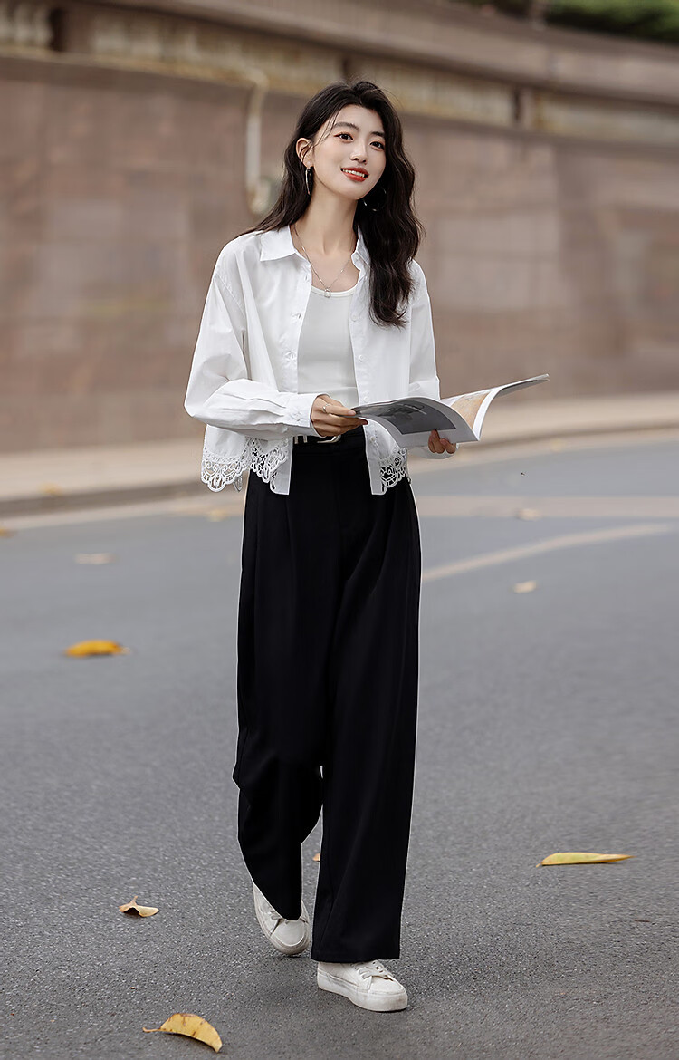 Dme [Moonlight Night Song] Spring And Autumn Gentle Pure Cotton Shirt with Lapel, Lace Trim, Patchwork Short Blouse Women's Top 8