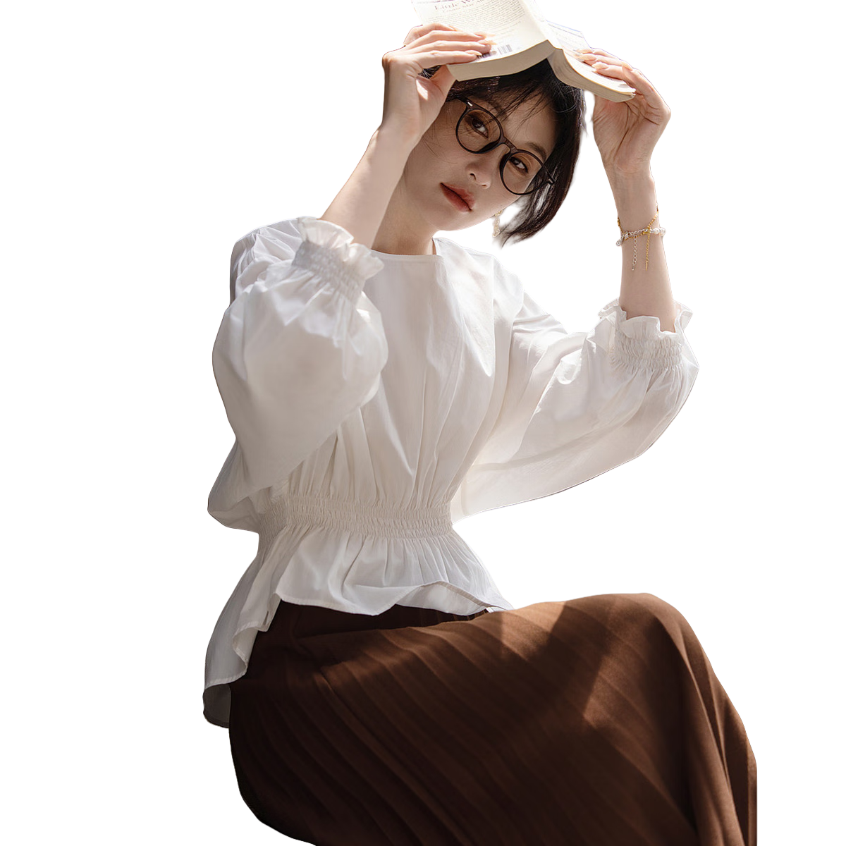 Dme [Will Breathe Cotton] Spring And Autumn French-Style Loose Round Neck Slim-Fit Drop Shoulder Concealing Shirt Women's Top
