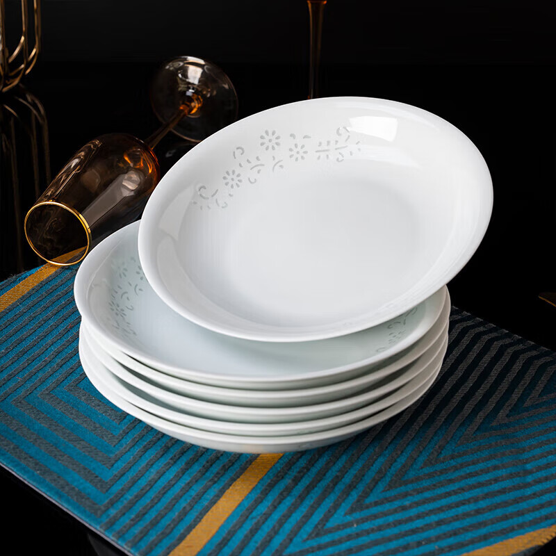 Jingde Story Jingdezhen Ceramic Plate Set 8-Inch Dinner Plates Deep Plates Underglaze Color Exquisite White Porcelain Plates Set of 6