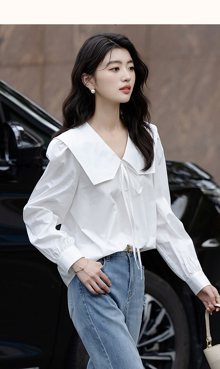 Dme [Will Breathe Cotton] Spring And Autumn Japanese Artistic Turndown Collar Tie-Up Shirt with Puff Sleeves, Concealing Body, Women's Blouse Top 24