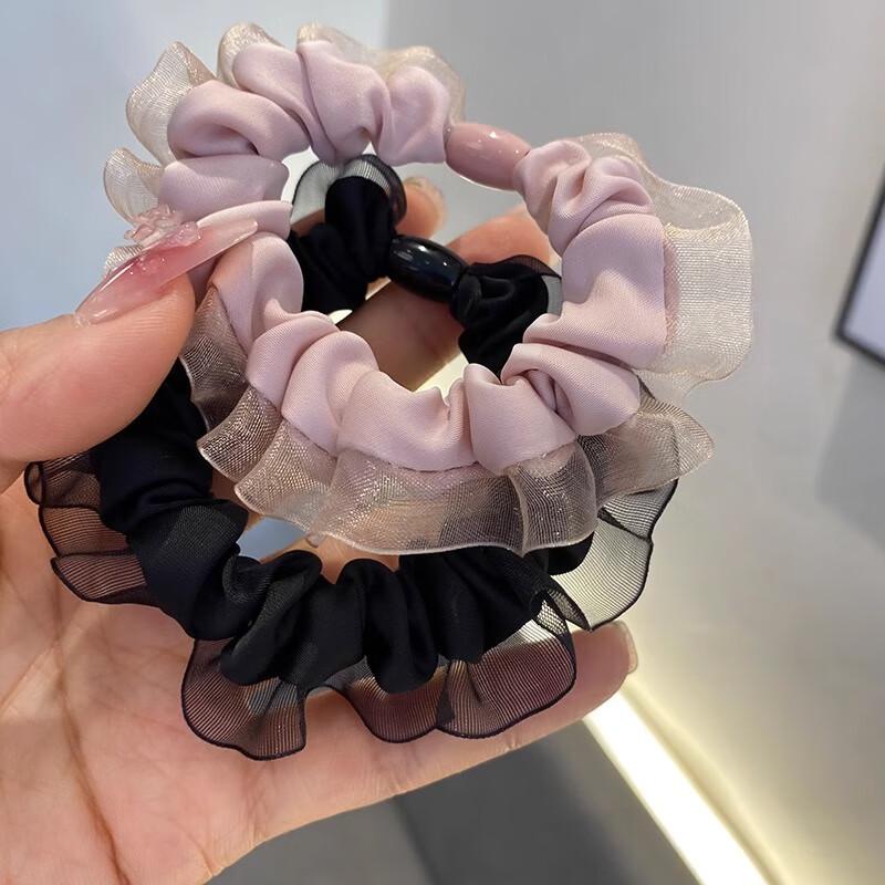 Xiangwan Hair Ties 2-Piece Set, Scrunchies, Mesh Flowers, Ribbon Hair Bands for Women, Elegant Ponytail Holders, Non-Damaging Elastic Hair Bands
