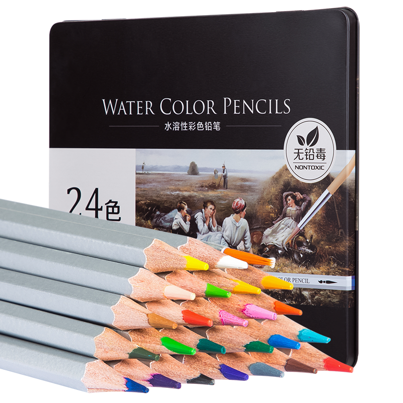 Deli 24-Color Master Water-Soluble Colored Pencils in Metal Box with Brush Pen Set for Students, Professional Hand-Drawn Coloring And Drawing Kit, Gift for Girls And Children, Graduation Present, No Space Translation into Line Break