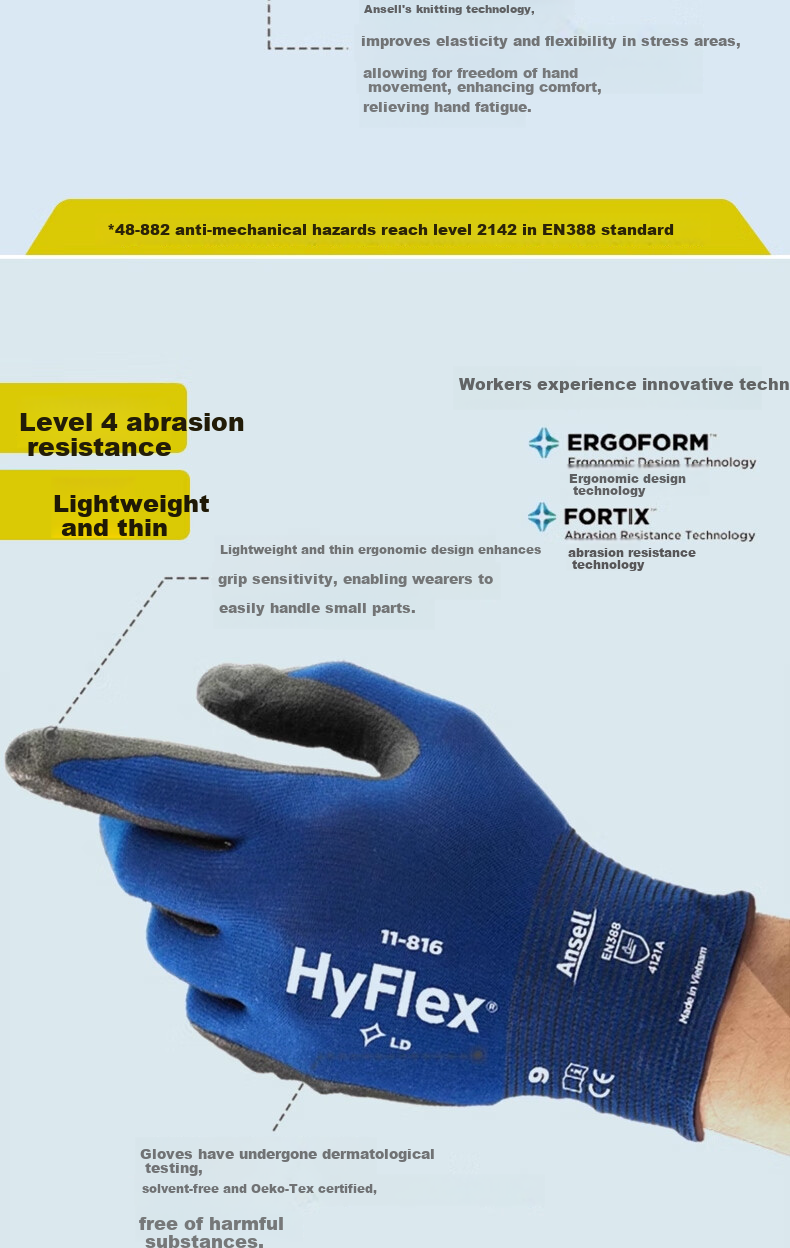 Ansell Safety Gloves, 1 Pair, Size 8, 11-840, Non-Slip, Comfortable, Wear-Resistant, Foam Nitrile Coated, Palm-Dipped, Tear-Resistant, for Construction Sites, Manual Work, Car Processing, Machinery Protection, General Use 7