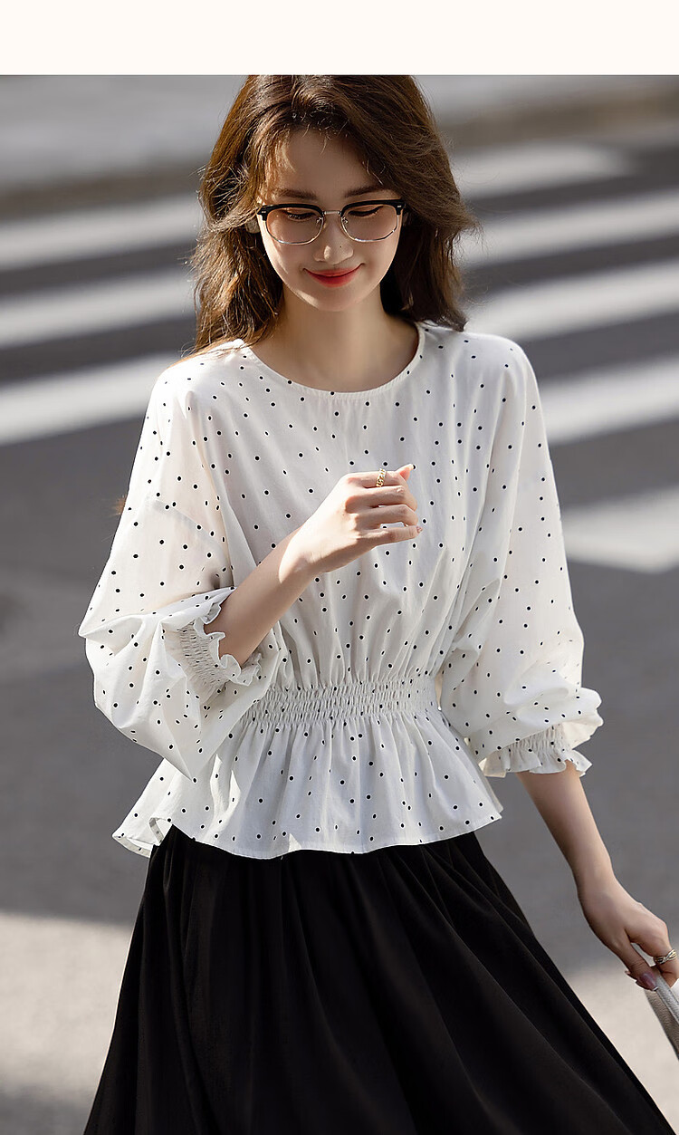 Dme [Will Breathe Cotton] Spring And Autumn French-Style Relaxed Round Neck Smock Waist-Cinching Drop Shoulder Slimming Shirt Women's Top 21