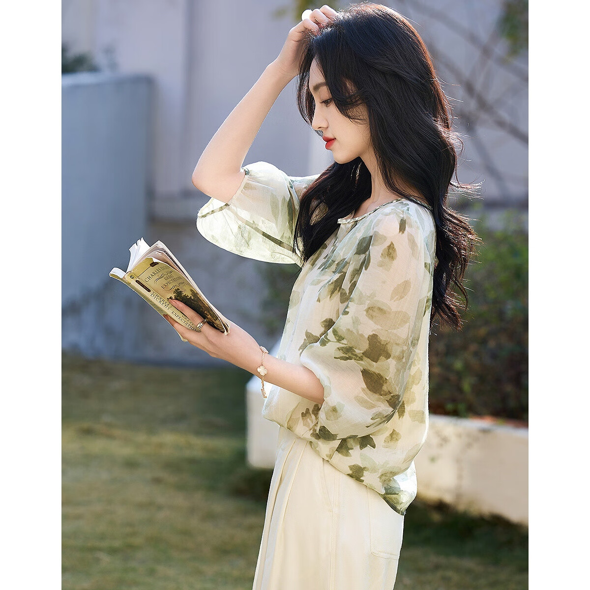 Dme [Zhi Ci Qinglu] Summer Artistic Style Lyocell Printed Shirt, Natural Comfortable Flowy Blouse, Women's Top