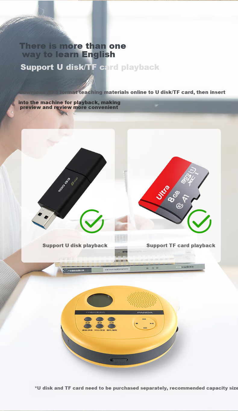 Panda F-01 CD Player, English Repeater, Portable MP3 Player, Mini Rechargeable Card-Inserted Disc Learning Machine, Teaching Transcription Player (White) 6