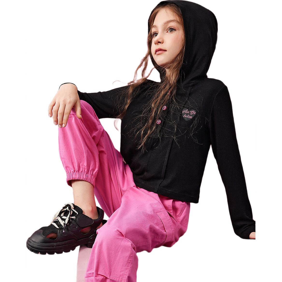 ASK JUNIOR Girls' Set, Autumn 2026 Children's Hooded Sweatshirt, Casual Cargo Pants, Sporty Color-Block Two-Piece Set, Pink, Size 160