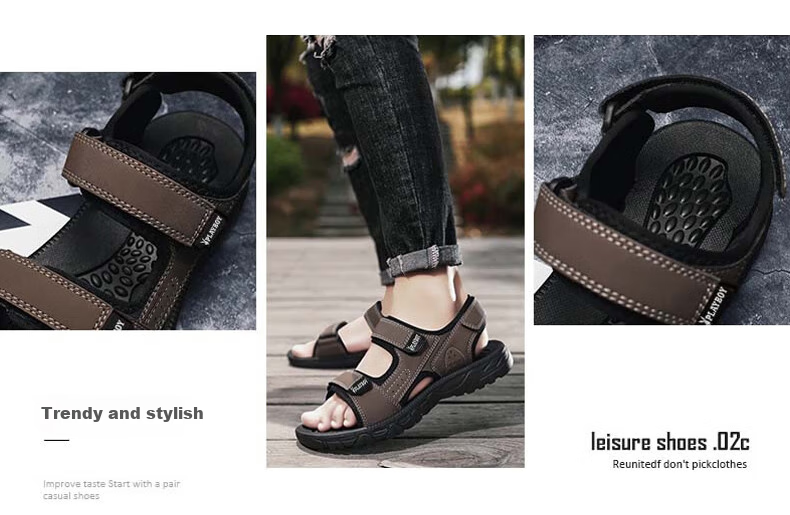 PLAYBOY Men's Sandals, Summer 2025 Breathable Beach Shoes, Korean-Style Perforated Shoes with Velcro Slippers, Black, Size 40 2