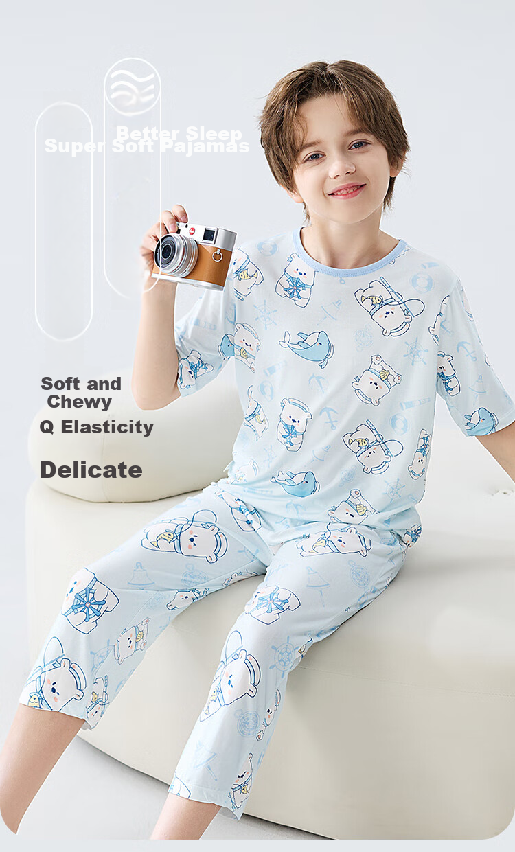 MiiOW Children's Pajamas for Boys [Youkesi + Cool Touch] Summer Thin Air Conditioning Wear Boys' Home Wear Set 3