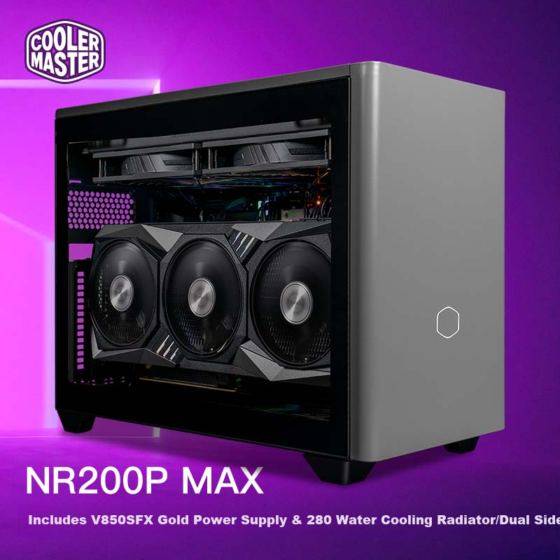 CoolerMaster NR200PMAX ITX Case Power Supply Combo, Including V850SFX Gold PSU & 280mm Water Cooling Radiator, Steel And Glass Side Panel, Tool-Free Installatio
