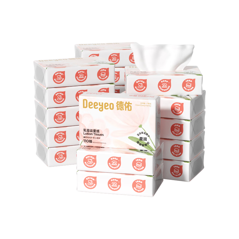 Deyou Facial Tissues, Cream-Infused Soft Tissues for Babies, Moisturizing Paper Towels, Baby Face Tissues, Size S, 110 Sheets Per Pack, 18 Packs
