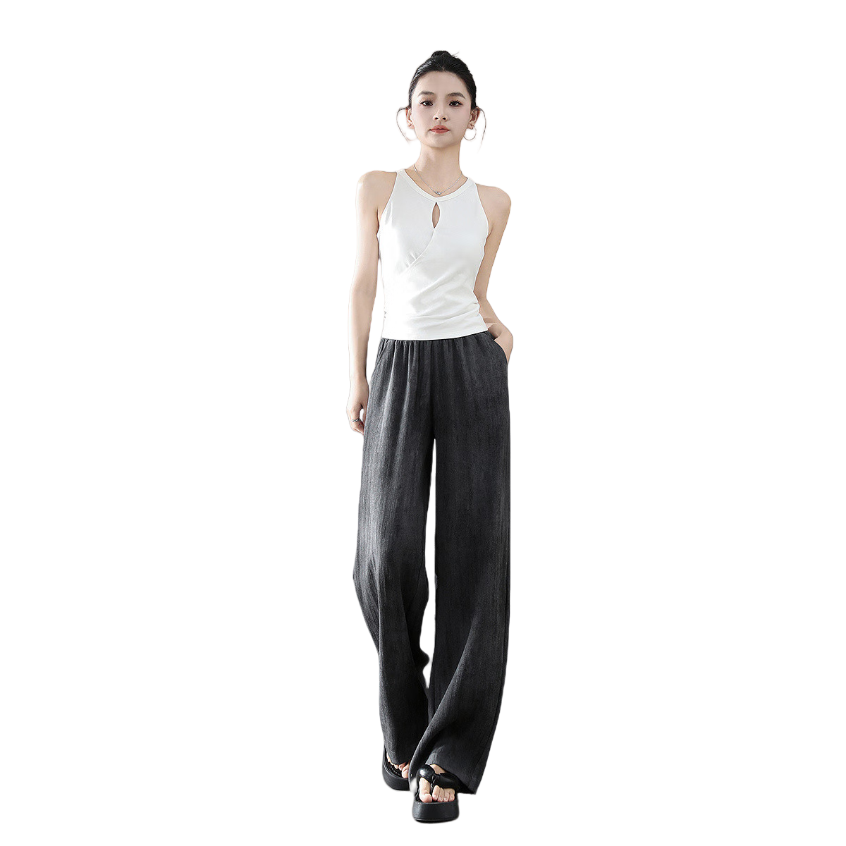 Dme [Containing Natural Linen] Summer Comfortable Elastic Waist Straight-Leg Pants with Tie-Dye Printed Relaxed Fit, Slimming Effect, Casual Women's Trousers