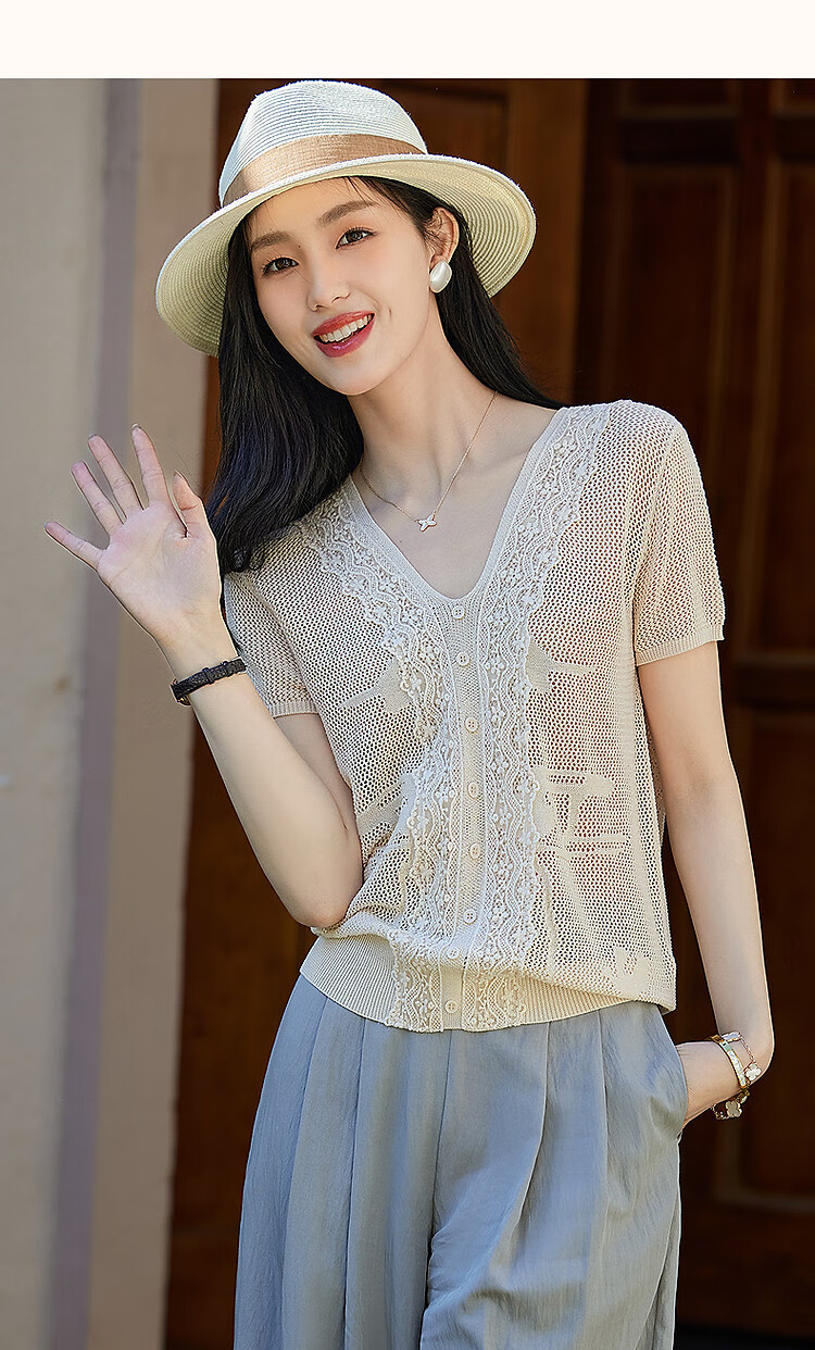 Dme [Cool And Elegant Outfit] Summer French V-Neck Lace Trim Sweater Jacquard Comfortable Knit Top for Wome 12