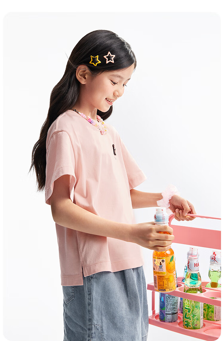 Annil Girls' Round Neck Short-Sleeve T-Shirt, 2025 Summer New Style, Pure Cotton, Casual, Moisture-Wicking, Breathable, Loose-Fitting, Fashionable 10