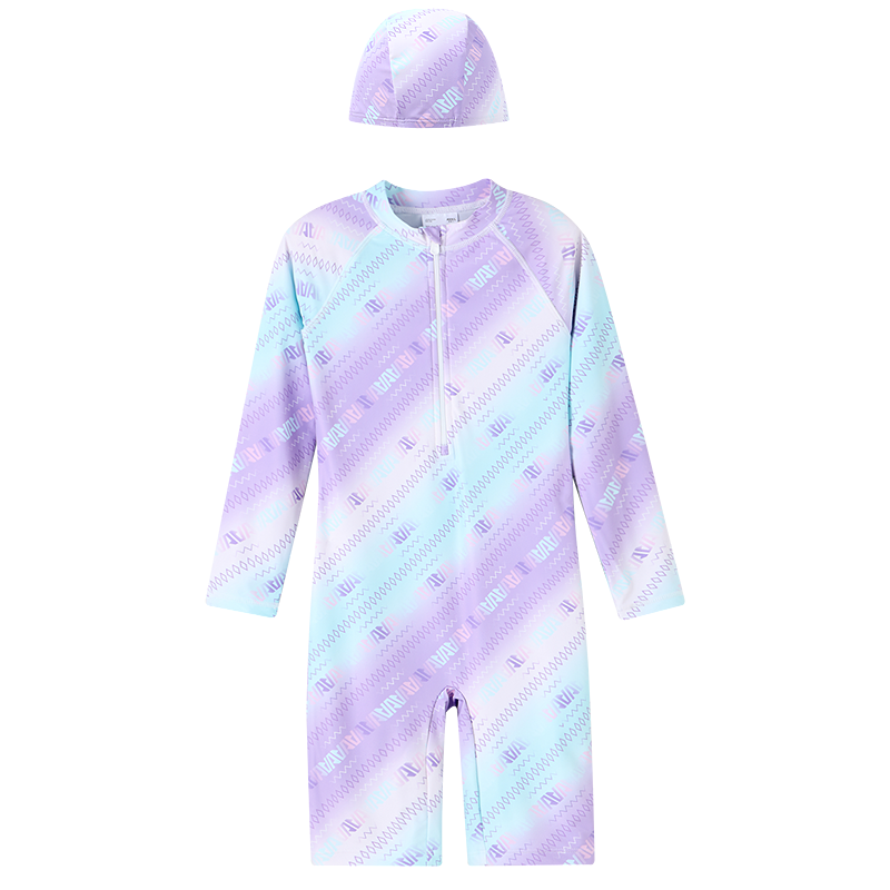 Annil Girls' One-Piece Long-Sleeve Set, 2025 Summer New Slim Fit, Purple Floral Pattern, Size 130